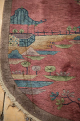 Antique Chinese Art Deco runner detail: pictorial blue hut, trees, dusty red field, and worn edge.