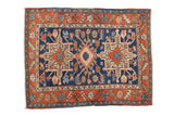 Vintage Karaja Square Rug, cobalt blue field, madder red geometric border, and diamond palmette.