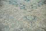 Distressed Mehrivan carpet pile, showing even wear and faint foundation, in ivory, blue, and brown.