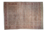 Vintage distressed Tabriz carpet, allover Herati design in soft cherry red and powder blue.