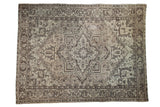 Vintage Mehrivan square carpet with geometric medallion, floral design, muted beige and charcoal.