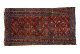 Vintage Persian Mehriban rug with burgundy and sapphire blue tree of life trellis pattern.