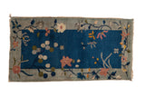 Antique Chinese Art Deco runner, cobalt blue field, celadon border, ivory lotus flowers.
