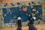 Antique Chinese Art Deco runner featuring cobalt blue field, blush lotus, and celadon eucalyptus.