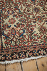 Corner of an antique Malayer rug showing the dark main border, ivory field, and short white fringe.