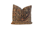 Antique Persian Fereghan hand-knotted rug fragment pillow in navy, ivory, saffron, 24x24.