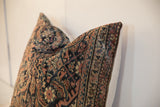 Hand-knotted vintage rug fragment pillow edge with intricate Fereghan design, navy, rust, ivory.