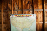 Antique Union Pacific railroad map, displaying its 'Overland Route' banner and top right damage.