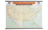 Antique 1912 Union Pacific railroad canvas map of the United States with red routes and prominent banner. 58x42.