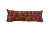 Antique Turkmen rug fragment pillow featuring rich red, blue, and beige geometric motifs.