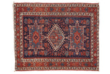 Antique Karaja square rug, triple geometric medallion, pawn motif, dark blue and brick red.
