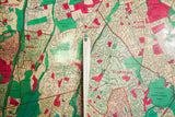 Vintage Westchester map detail with central industrial metal rack, bright pink, aqua, green.