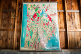 Vintage Westchester map mid-section, showing bright hot pink, aqua blue, green, and ivory.