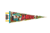Vintage Hawaii felt flag pennant with vivid luau dancer, surfer, and island graphics.