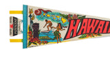 Vintage Hawaii felt pennant's left side showing 'SOUVENIR PENNANT' label and vibrant tropical design.