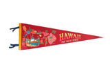 Vintage Hawaii The 50th State felt pennant, red with colorful island maps.