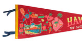 Vintage Hawaii felt pennant's left end, with navy ties, yellow trim, and colorful island map.