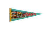 Vintage 1970s North Dakota felt pennant with teal and colorful state landmark graphics.