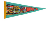 Vintage North Dakota felt pennant, yellow stitched edge, Roosevelt Park, Garrison Dam graphics.