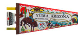 Vintage felt pennant's yellow ties, Souvenir label, and Western scene.