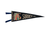 Vintage Surrey B.C. Canada felt pennant, black with colorful chief, teepee, and text, 18x7.