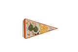 Vintage Los Cocos Cuba felt pennant with a graphic of two dancing green coconuts and orange trim.