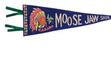Close-up of vintage Moose Jaw felt pennant: green ribbons, patterned border, and Native American chief.