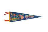 Vintage Hawaii felt pennant, blue with bright multi-color island graphics, 26x9 inches.