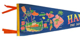 Vintage blue Hawaii felt pennant's left side with vivid island map and tropical graphics.
