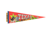 Vintage Texas pennant with red ground, bull rider, Alamo, and state map. 24x8 inches.