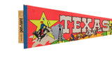 Blue binding and vertical 'pennant' lettering on the vintage Texas flag pennant.