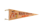 Beige vintage 1970s Main Street Walt Disney World felt pennant with Mickey, Minnie, 29x11.