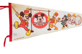 Vintage Mickey Mouse Club felt pennant, red binding, tie strings, and marching Mickey.