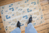 Distressed Dosemealti rug detail: shaggy pile, blue and ivory floral quatrefoil motifs.