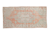 Vintage Distressed Oushak runner, terracotta, mint green, ivory lozenge medallion, 2'8