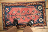 Vintage Oushak rug mat close-up: germinating tree of life design in blush and blue.