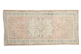 Distressed Oushak runner, dusty rose medallion, faded blue-green curvilinear patterns, 2'7