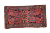 Vintage Persian Mehreban runner: raspberry field, central palmettes, tree-of-life motifs, multi-color borders.