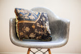 Late 19th century Turkish rug fragment pillow, faded traditional pattern in dark indigo and gold, 13x15.