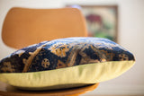 Antique Turkish Rug Pillow, blue and gold patterned rug fragment with muted lime green corduroy.