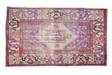 Distressed Oushak carpet, faded aubergine medallion, geometric border, ivory, rust, 5' x 8'7