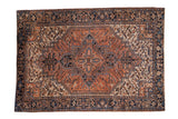 Vintage Mehrivan carpet, shield medallion, palmettes, turtle border, terra cotta, navy, and beige.