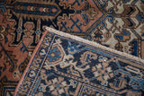 Folded Vintage Mehrivan rug corner with fringe, original selvage, and turtle samovar border.