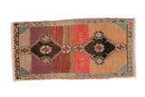 Distressed Kars rug mat, abrashed ruby red, mauve, beige field with double diamond medallions.