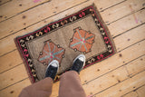 Distressed Kars mat with twin geometric blossoms, serpent border, and vibrant, worn texture.