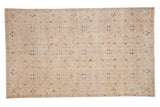 Vintage distressed Turkish Sparta carpet, allover arabesque floral motifs in sand and dusty navy.