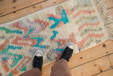 A Moroccan rug mat's thick, plush pile with playful abstract designs in turquoise, rose, and ivory.