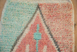 Detailed view of the plush wool pile in pale turquoise and faded ruby red.