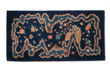 Vintage Art Deco Chinese runner with a cobalt blue field, unique river-ribbon border, and scattered blossoms.
