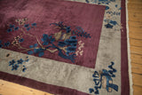 Angled corner view of an Art Deco rug's pictorial design and lustrous wool pile.